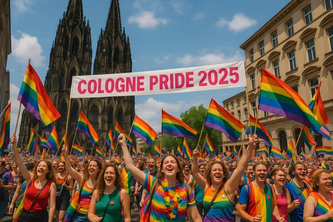 Farbenfrohe Cologne-Pride-Parade 2025 vor dem Kölner Dom