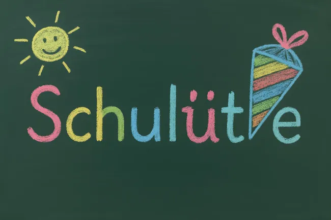 Farbenfrohe Einschulung: Schultüte und Sonne auf Tafel