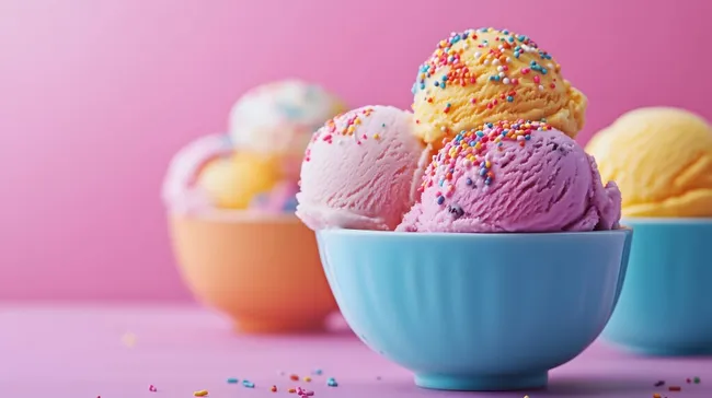 Farbenfrohe Eisportionen mit buntem Dekor