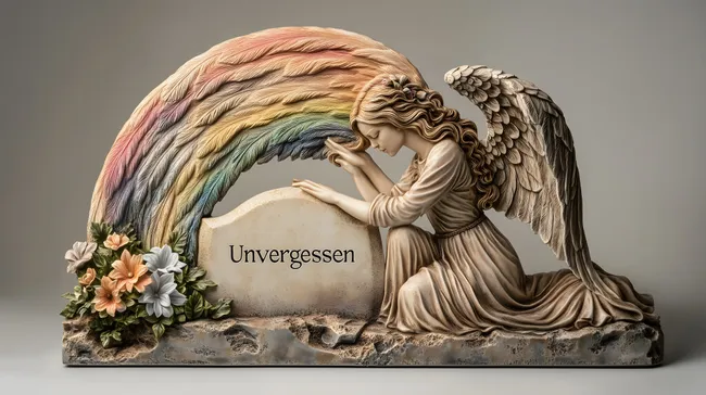 Farbenfrohe Engelsfigur mit Regenbogen über Grabstein