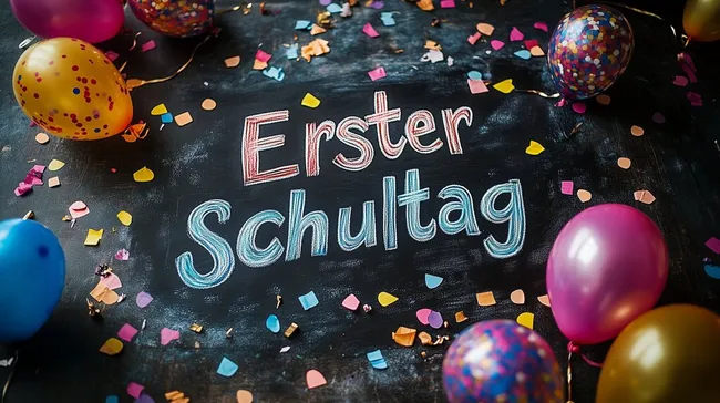 Farbenfrohe Feier zum Ersten Schultag mit Tafel und Luftballons