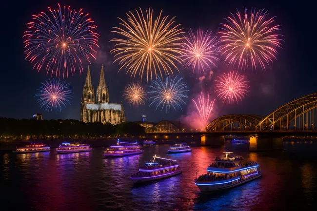 Farbenfrohe Feuerwerks-Show am Rhein in Köln