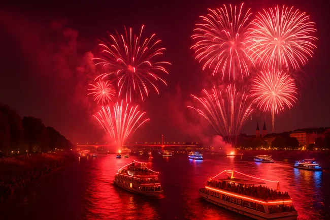 Farbenfrohe Feuerwerksshow über dem Rhein in Bonn