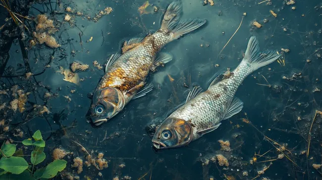 Farbenfrohe Fische in verschmutztem Gewässer