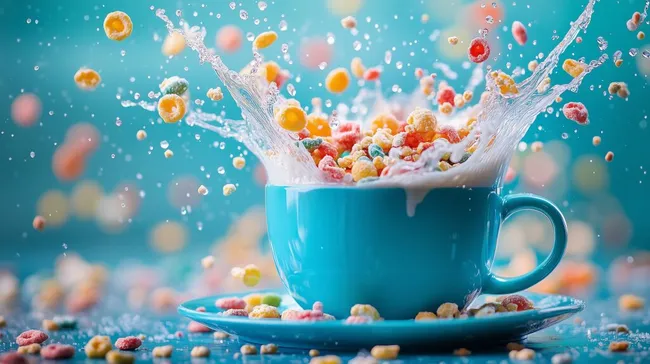 Farbenfrohe Frühstücksszene mit spritzenden Cerealien