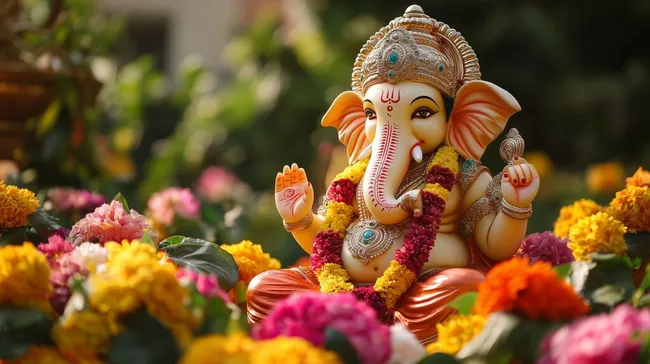 Farbenfrohe Ganesha-Statue inmitten bunter Blumen