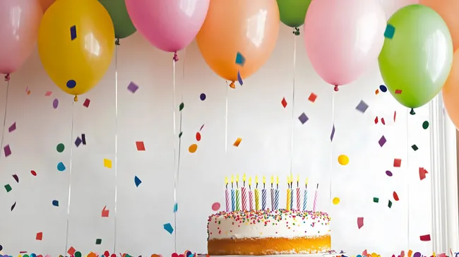 Farbenfrohe Geburtstagsfeier mit Kuchen und Luftballons