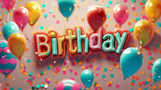 Farbenfrohe Geburtstagsfeier mit Luftballons und Schriftzug