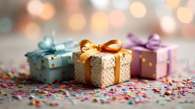 Farbenfrohe Geschenkboxen mit goldener Schleife und Konfetti
