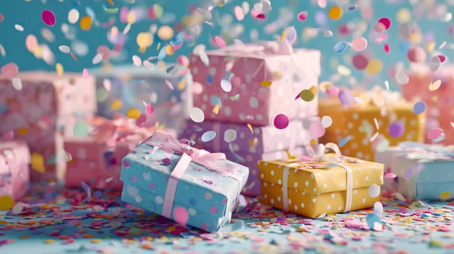 Farbenfrohe Geschenkboxen mit Konfetti auf türkisfarbenem Hintergrund