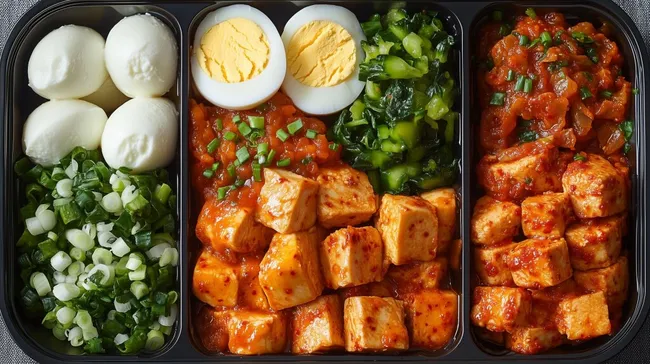 Farbenfrohe, gesunde Bento-Box mit Gemüse und Eiern