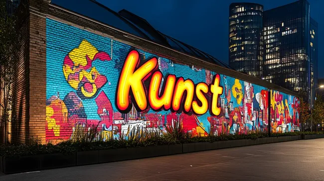 Farbenfrohe Graffiti-Kunstwand in moderner Stadtkulisse