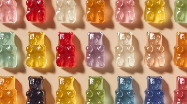 Farbenfrohe Gummibärchen in Reih und Glied