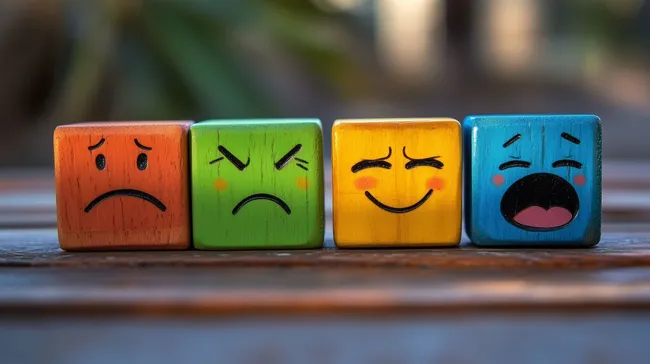Farbenfrohe Holzwürfel mit ausdrucksstarken Gesichtern