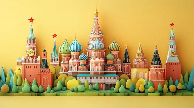 Farbenfrohe Illustration der Basilius-Kathedrale und des Kremls in Moskau