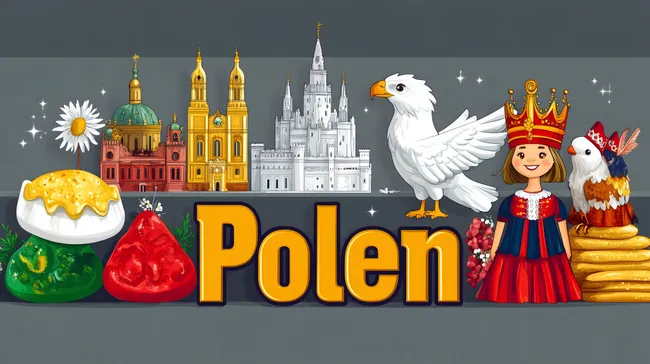 Farbenfrohe Illustration mit polnischen Wahrzeichen und Traditionen
