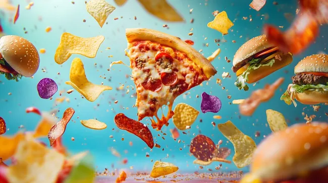 Farbenfrohe Junk-Food-Explosion mit Pizza und Burgern