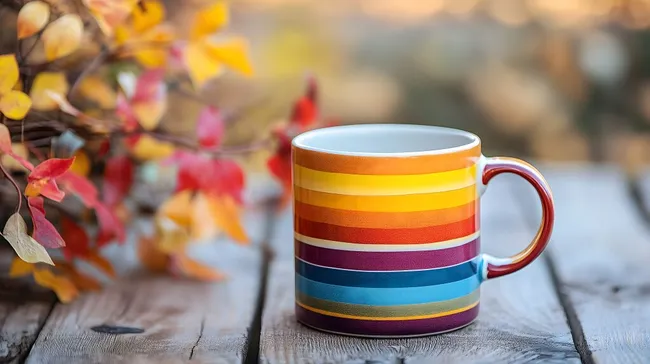 Farbenfrohe Kaffeetasse auf Holztisch im Herbst