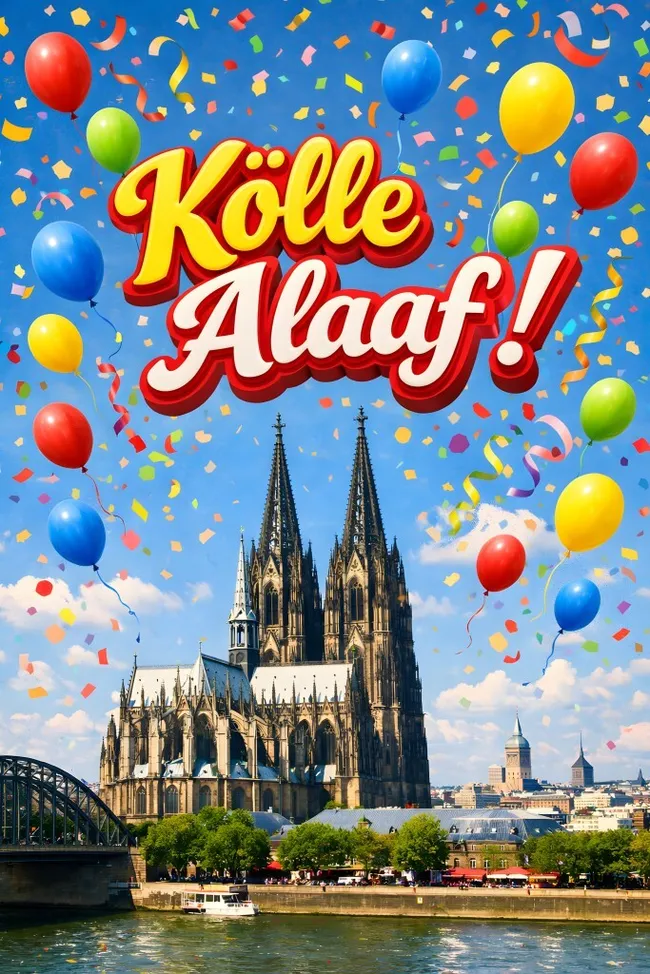 Farbenfrohe Karneval-Szene in Köln mit Kathedrale