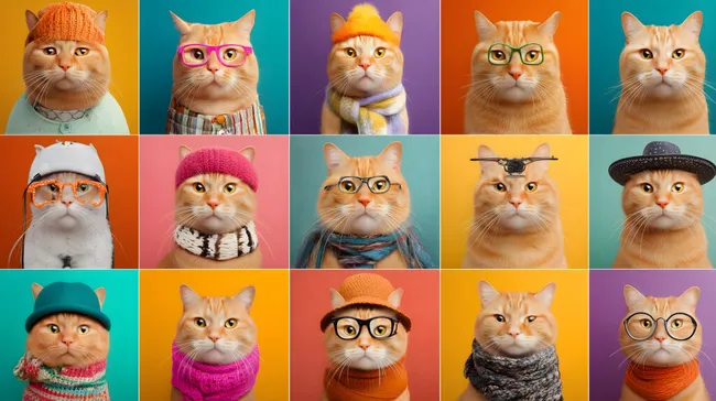 Farbenfrohe Katzenporträts in modischen Outfits