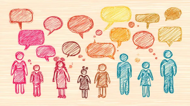 Farbenfrohe Kommunikationsikonen und Personensilhouetten