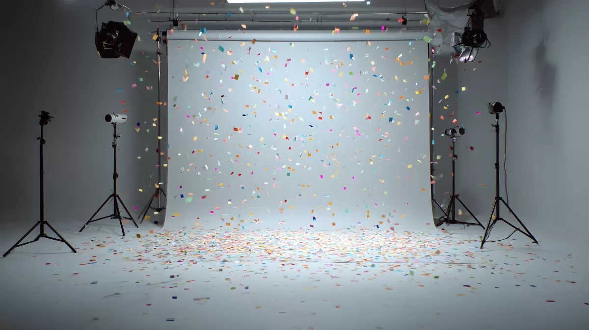 Farbenfrohe Konfetti-Inszenierung im Fotostudio