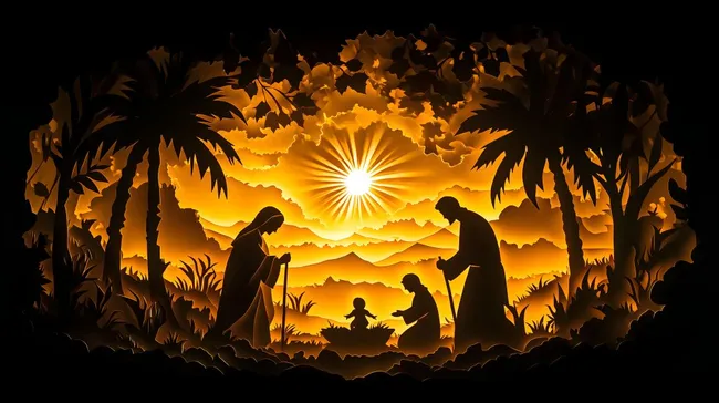 Farbenfrohe Krippenszene mit Sonnenaufgang