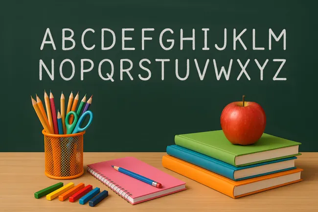 Farbenfrohe Lernmaterialien auf Tafel-Hintergrund