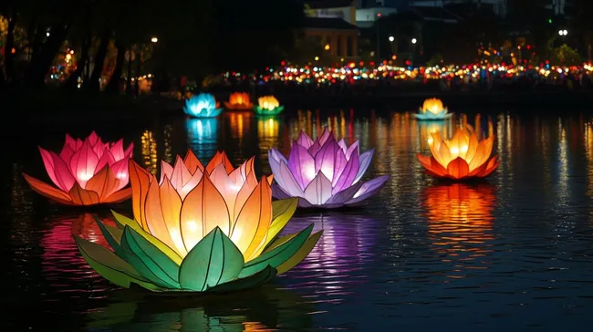 Farbenfrohe Lotusblüten beim nächtlichen Festivalumzug