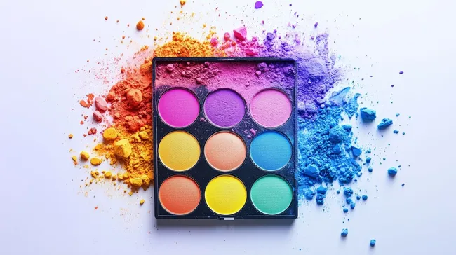 Farbenfrohe Make-up-Palette mit verstreuten Pudern