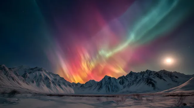 Farbenfrohe Nordlichter über verschneiten Bergen in der Nacht