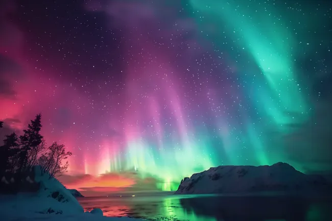 Farbenfrohe Nordlichter über verschneiter Landschaft