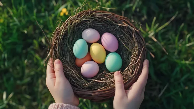 Farbenfrohe Ostereier im Vogelnest