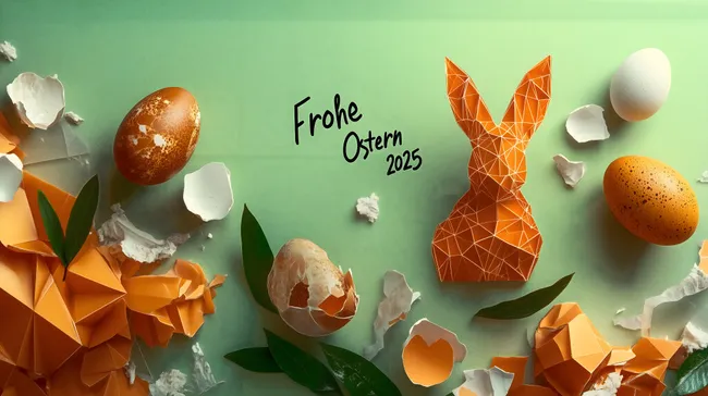 Farbenfrohe Osterkomposition mit Hasen und Eierschalen