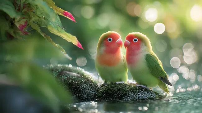 Farbenfrohe Papageien in romantischer Naturszene