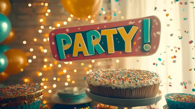 Farbenfrohe Party-Dekoration mit Konfetti und Lichterketten