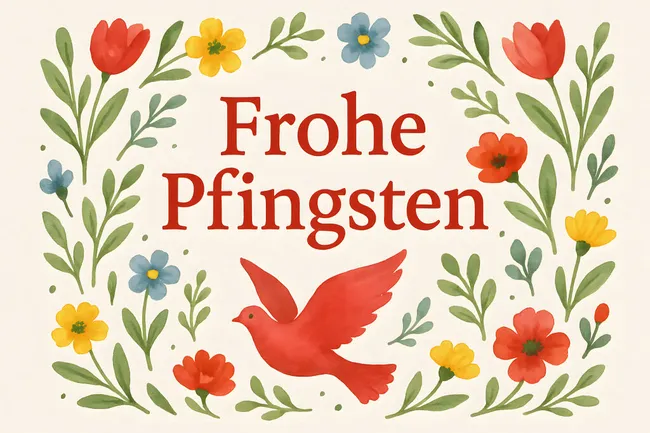 Farbenfrohe Pfingstgrüße mit Illustration und Taube