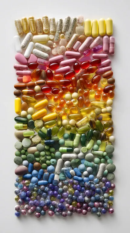 Farbenfrohe Pillensammlung in Regenbogenfarben