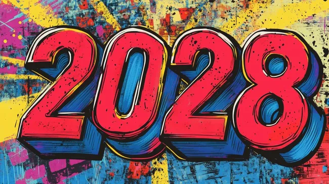 Farbenfrohe Pop-Art Grafik zum Jahr 2028