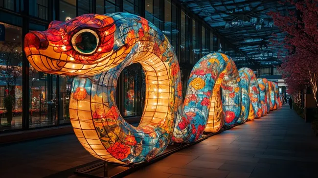 Farbenfrohe Schlangenlaternen in nächtlicher Stadtszene