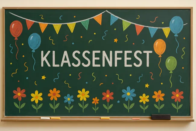 Farbenfrohe Schuljahres-Feier mit Luftballons und Blumen