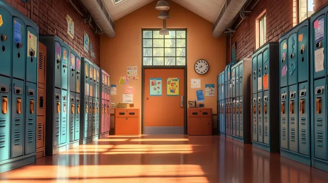 Farbenfrohe Schulschließfächer in rustikaler Schulkulisse
