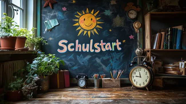 Farbenfrohe Schultafel mit Kreidezeichnung