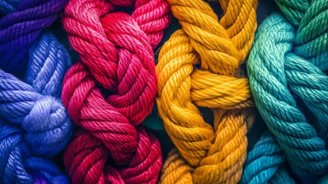 Farbenfrohe Seilknoten in Makroaufnahme