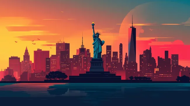Farbenfrohe Skyline von New York City bei Sonnenuntergang