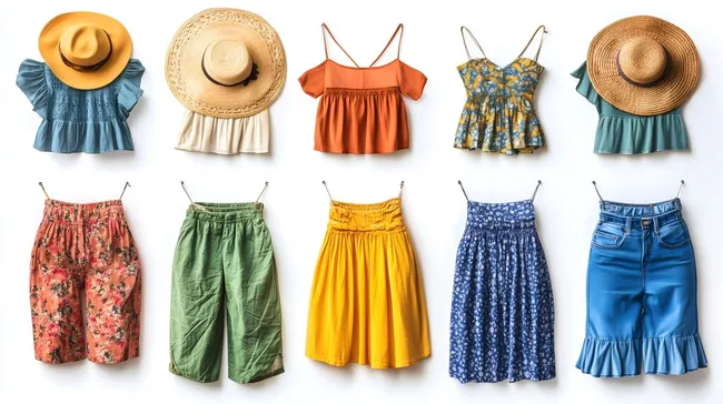 Farbenfrohe Sommergarderobe auf weißem Hintergrund