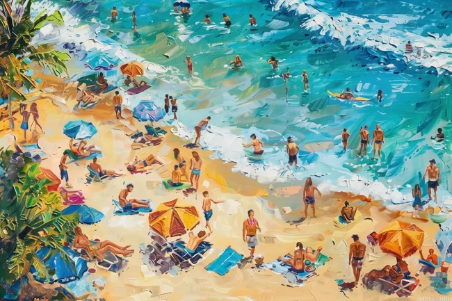 Farbenfrohe Strandidylle mit vielen Badegästen