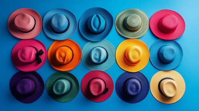 Farbenfrohe Strohhüte in leuchtenden Farben
