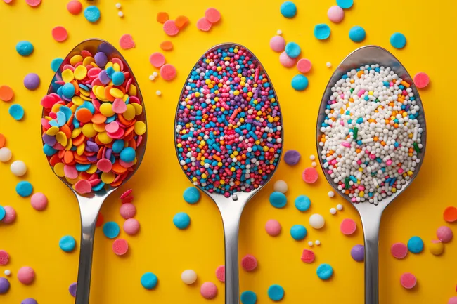 Farbenfrohe Süßigkeiten auf gelbem Hintergrund