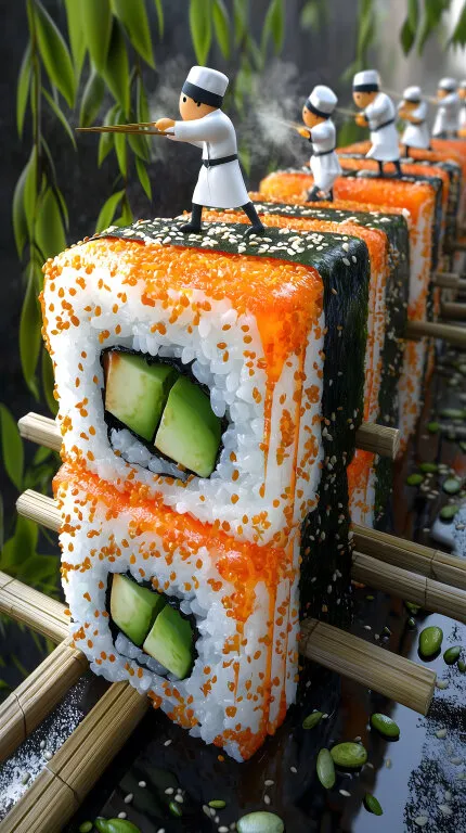 Farbenfrohe Sushi-Kreation mit Miniatur-Köchen